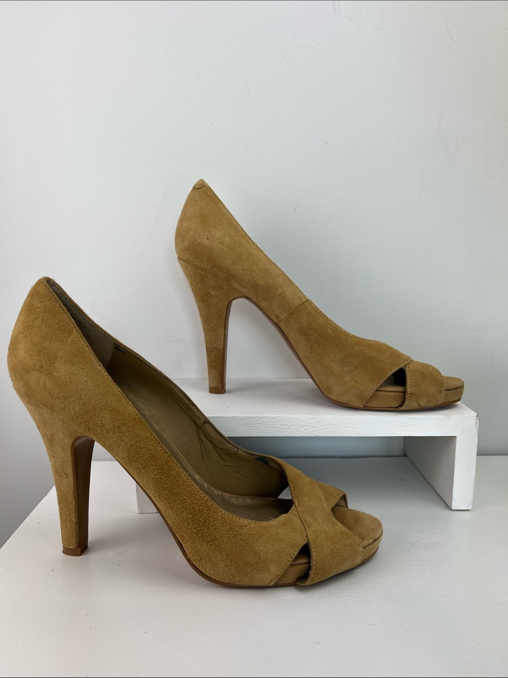 Nine West Tan Suede Peep Toe High Heels